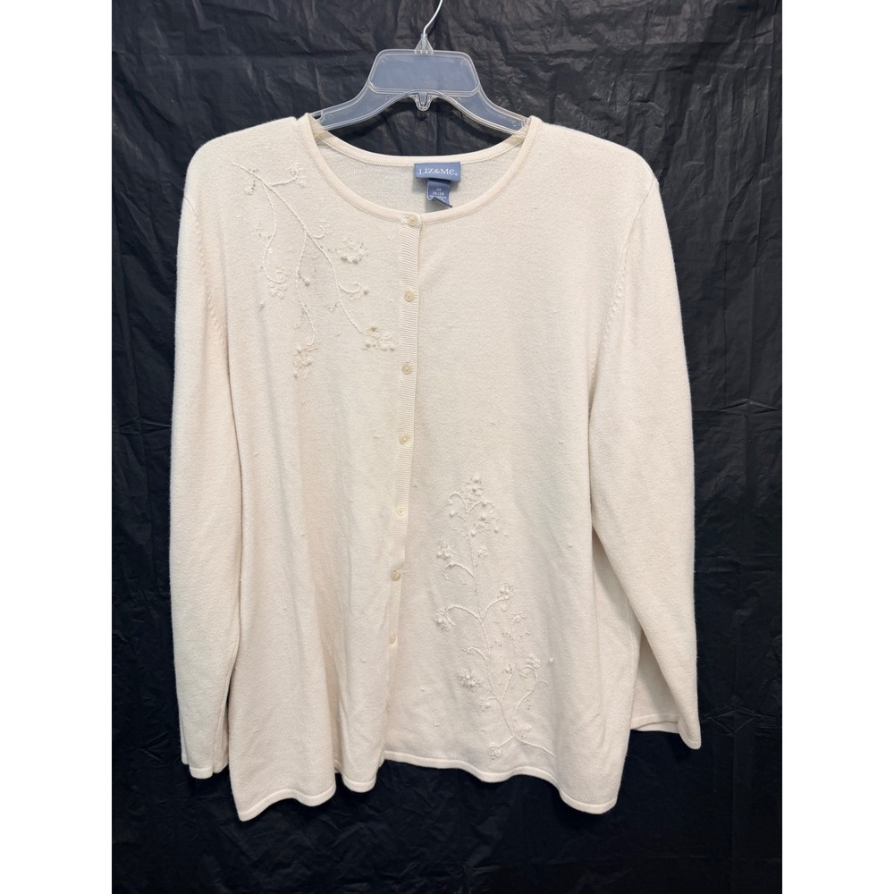 Liz & Me Cream Floral Embroidered Sequin Pearl Cardigan Sweater Plus Size 3X